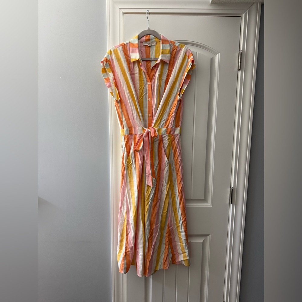 LOFT Striped Maxi Shirt Dress in Pink, Orange & Yellow